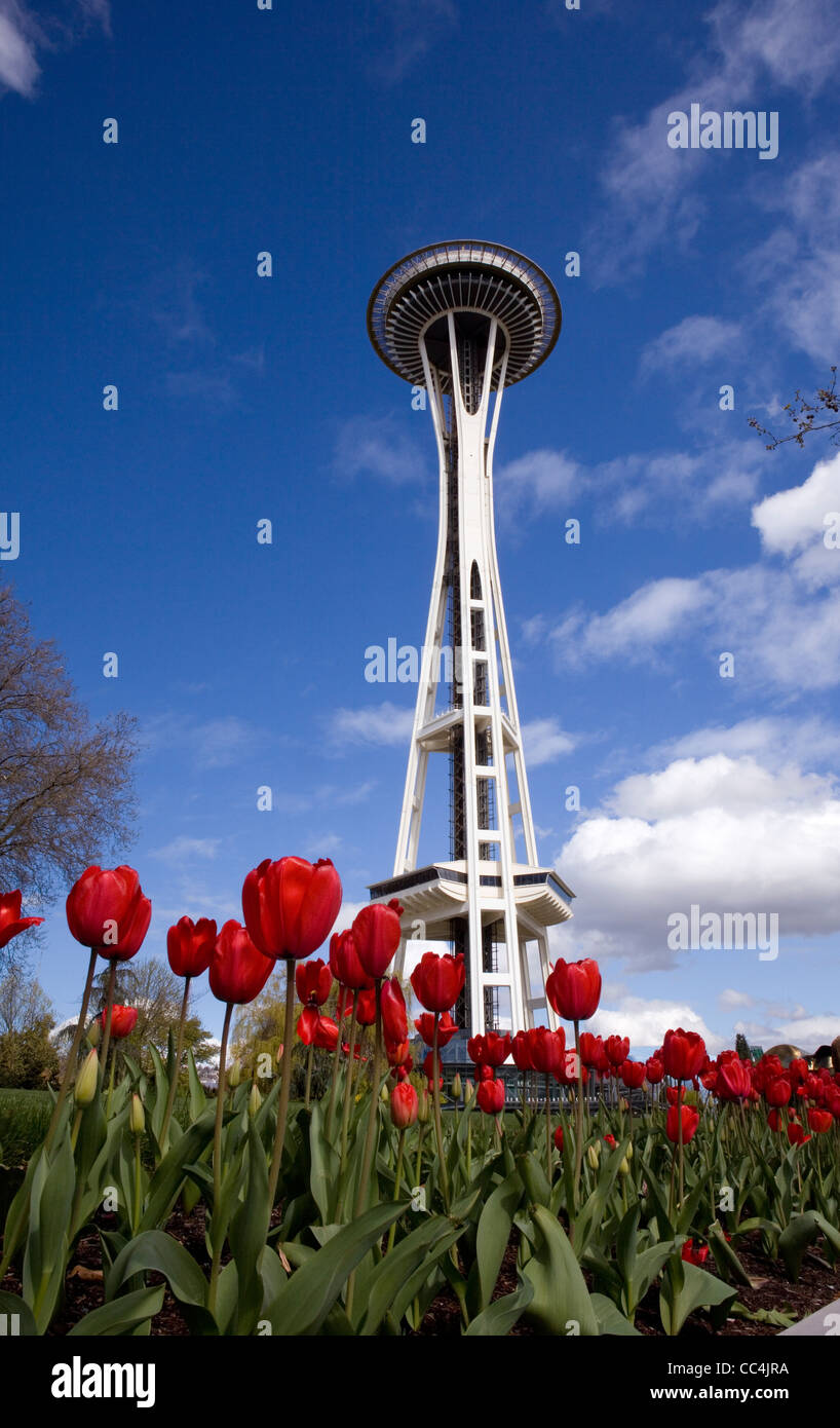 WASHINGTON - Seattle Space Needle und rote Tulpen im Frühling am Seattle Center. Stockfoto
