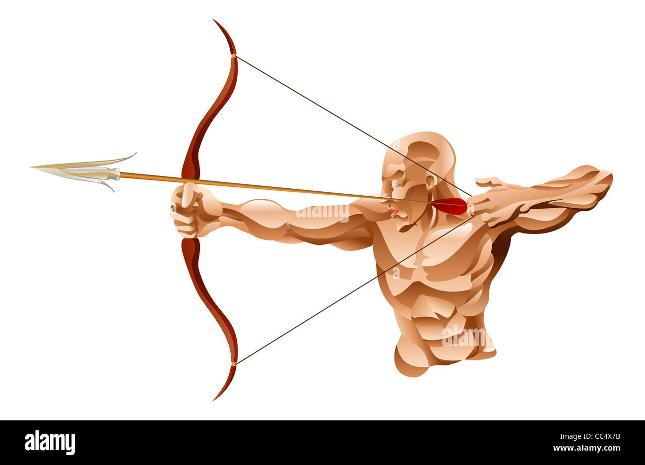 Ein Beispiel für eine starke muskuläre Bogenschütze mit Pfeil und Bogen Stockfoto