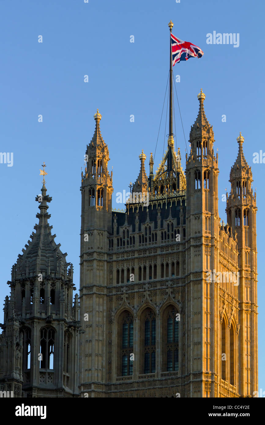 Victoria Tower, der Palace of Westminster bei Sonnenuntergang Stockfoto