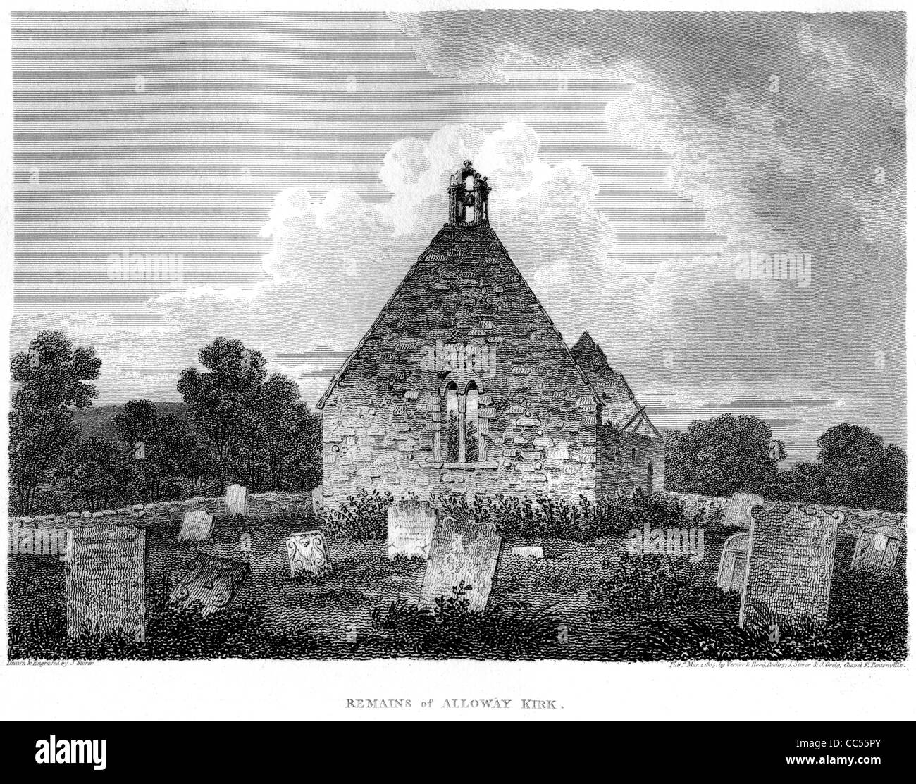 Reste von Alloway Kirk eine Gravur aus einem Buch über Robert Burns in 1805 veröffentlicht. Im Sinne des "Tam o Shanter'" Stockfoto