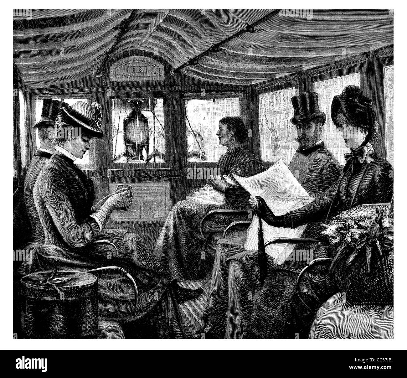 Straßenbahn Auto Wagen innen 1886 Stockfoto