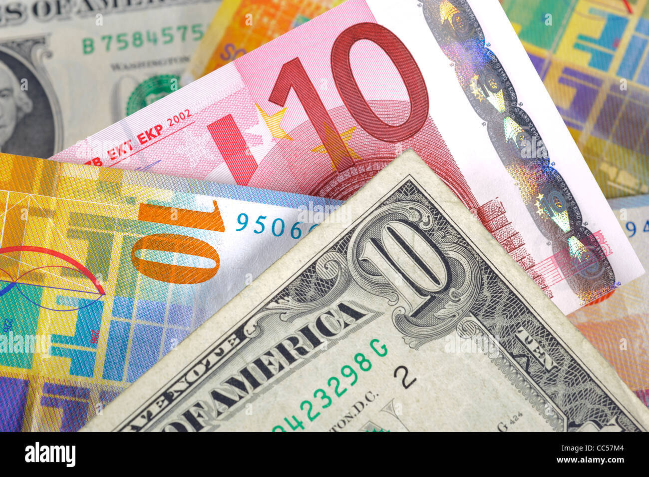 Dollar, Euro und Schweizer Franken Währung Stockfoto