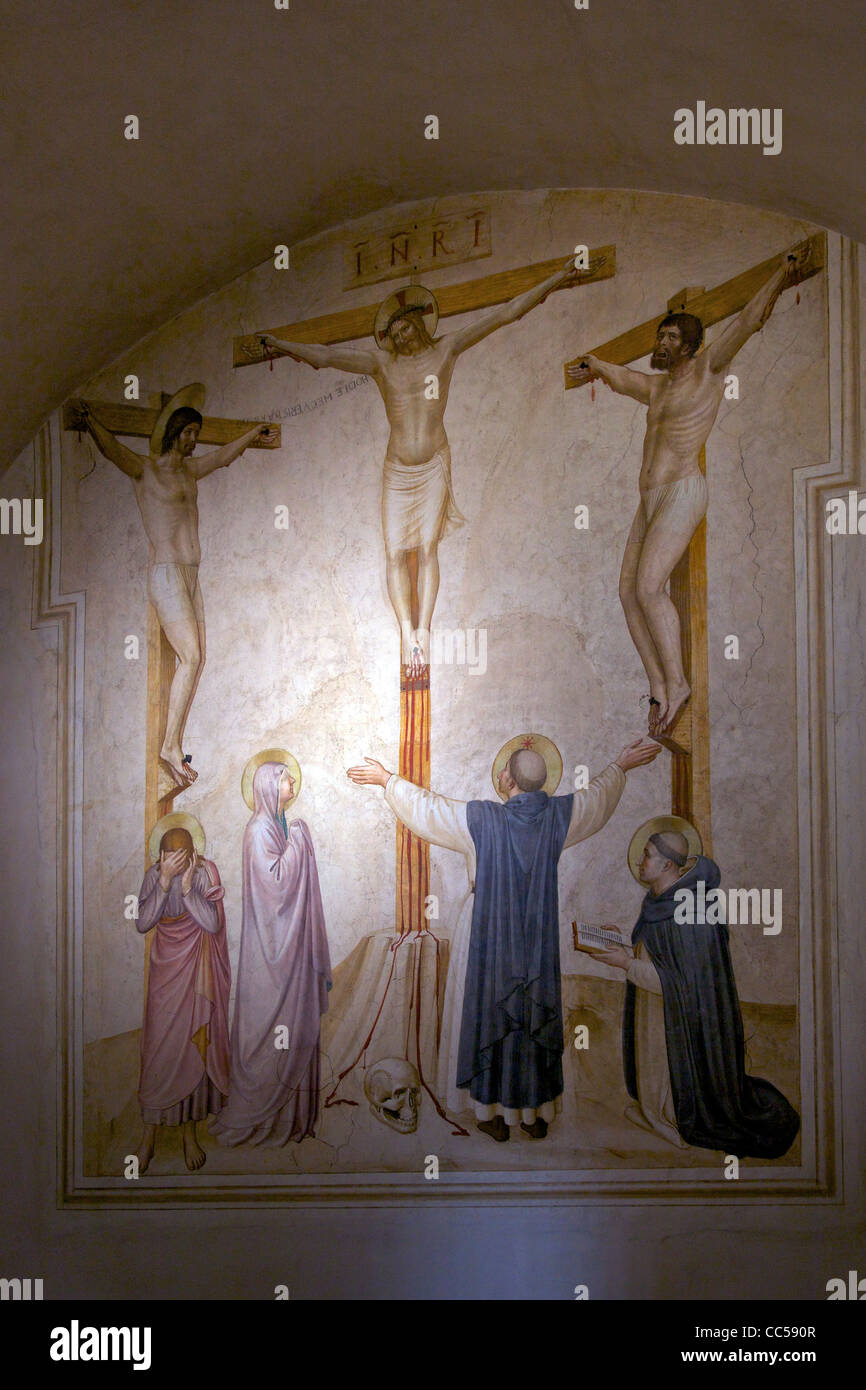 Kreuzigung Fresko im Schlafsaal Zelle, Fra Beato Angelico, ca. 1440, Kloster von San Marco, Florenz, Toskana, Italien, Europa Stockfoto