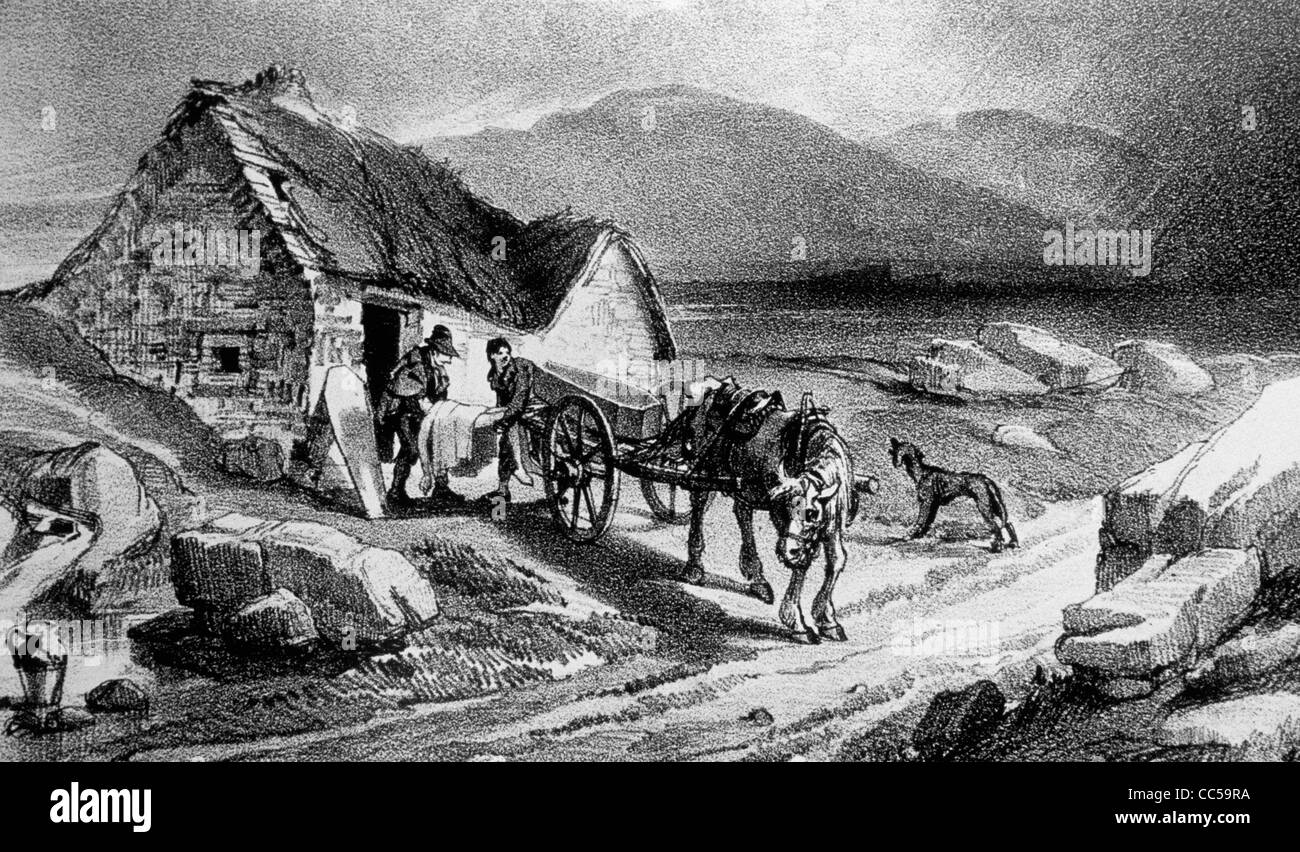 Die Toten werden während der großen irischen Hungersnot der 1840er aus eine strohgedeckte Hütte entfernt. Stockfoto