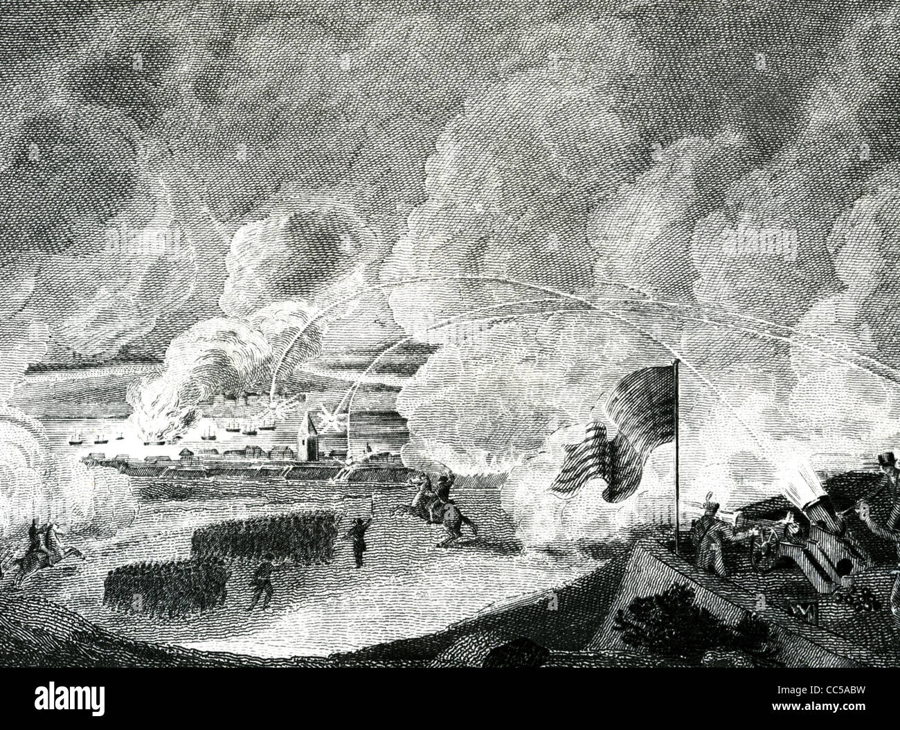 Belagerung von YORKTOWN 1781 zeigt Washingtons Truppen bombardiert, die britische Truppen in der Stadt Stockfoto