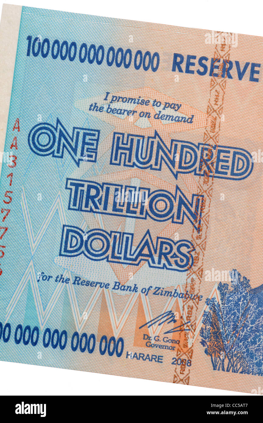 Hundert Billionen Dollar Bank Note, hundert Billionen Dollar Simbabwe Bank Note Stockfoto