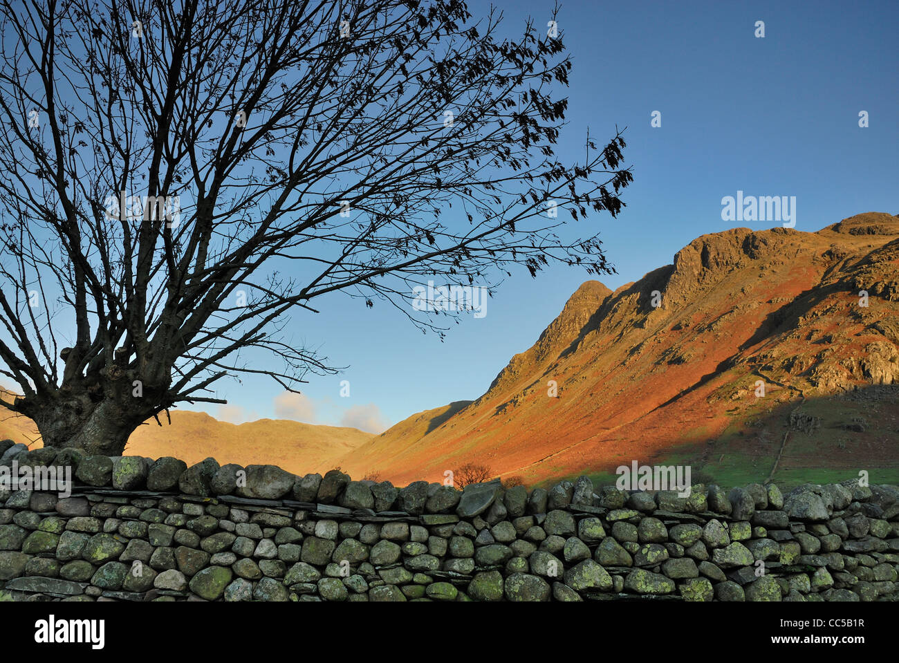 Trocknen Sie steinerne Wand und Morgen Licht auf Hecht von Stickle in Great Langdale im englischen Lake District Stockfoto