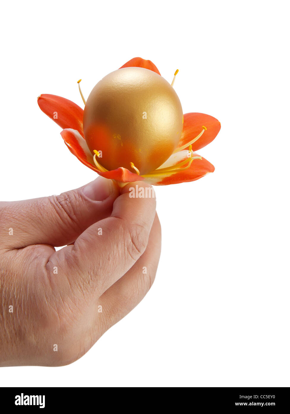 Goldenes Ei in die Hand eines Mannes mit Blume Stockfoto