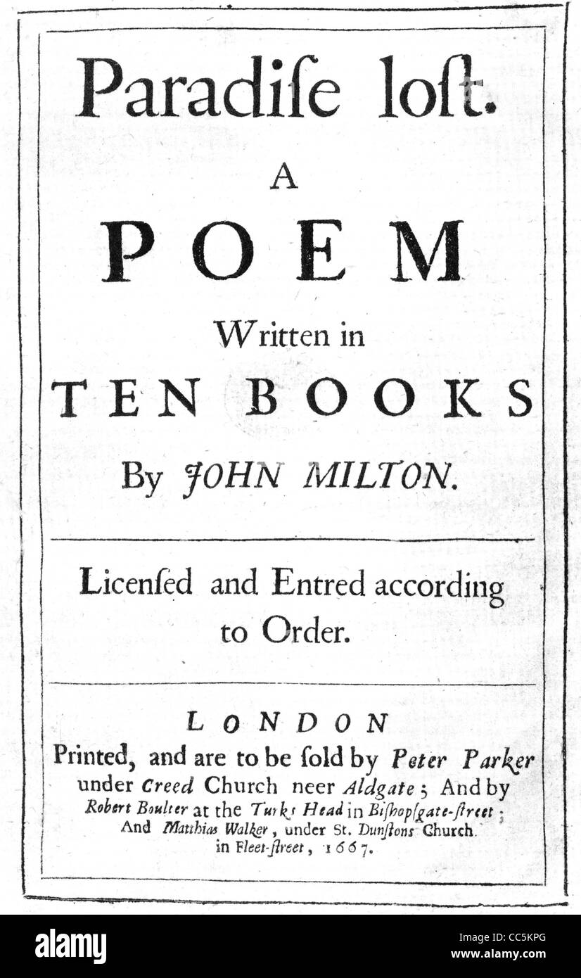 PARADISE LOST Tilte Seite der Erstausgabe von Miltons Gedicht Pubkished 1667 Stockfoto