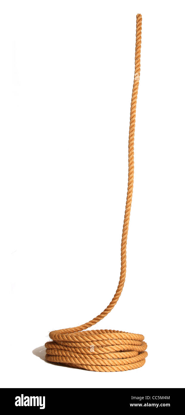 Eine Spule aus Seil mit einem Ende in aufrechter Position, während in der "Indian Rope Trick" auf einem weißen Hintergrund können Sie Flaggen, Wörter oder Bilder hinzufügen gezeigt Stockfoto