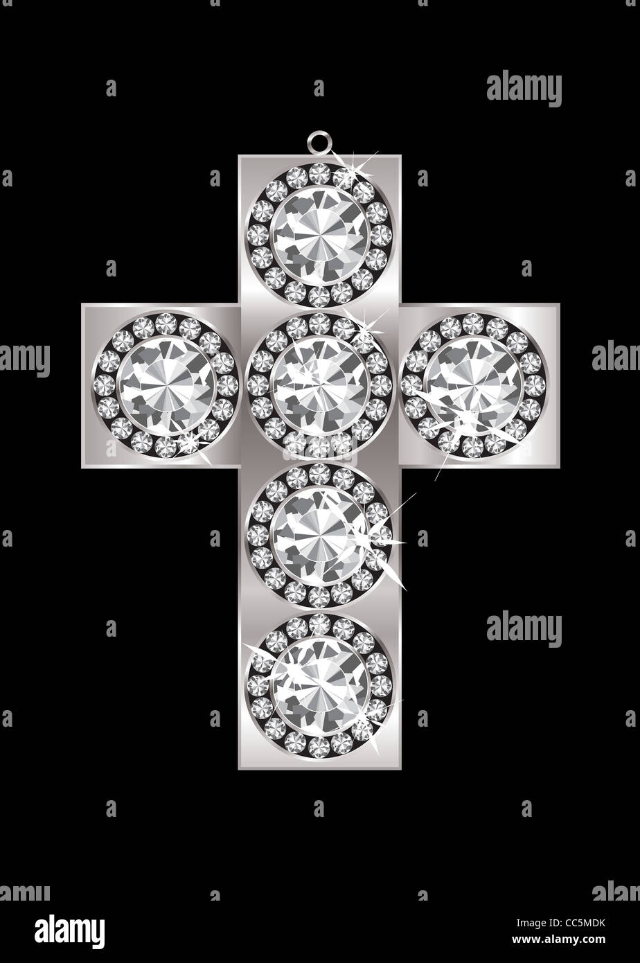 Silber Kreuz Anhänger besetzt mit Diamanten und schwarzem Hintergrund Stockfoto