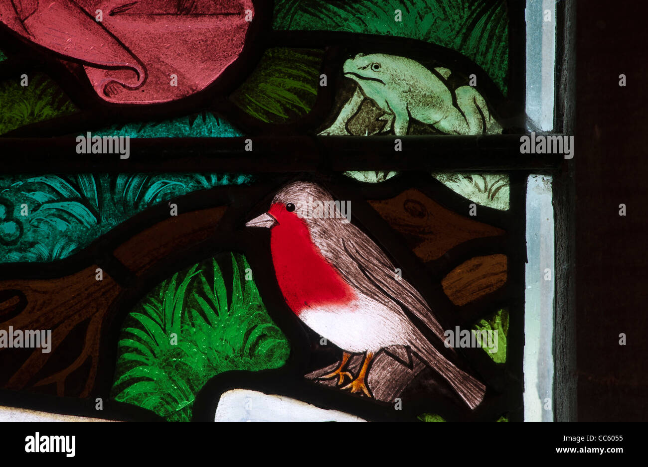 Robin Glasmalerei, St.-Nikolaus-Kirche, Kenilworth, Warwickshire, England, UK Stockfoto