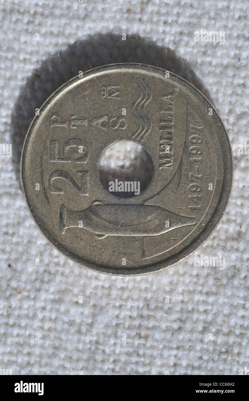 Spanische Peseta Münze 25 Céntimos vor Euro-Währung Stockfoto