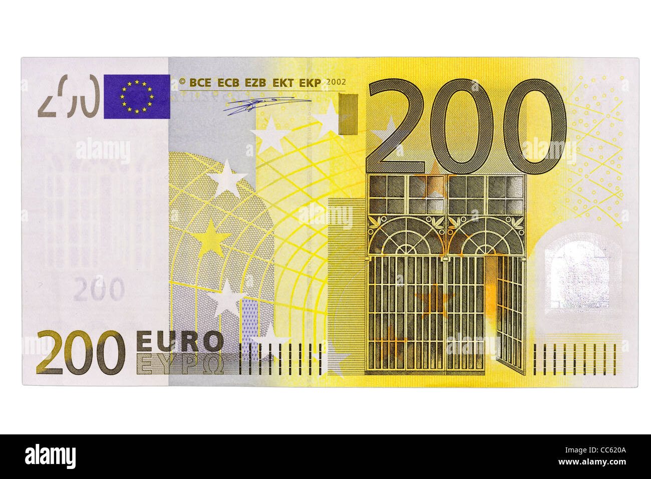 Vorderseite einer 200 Euro-Banknote vor weißem Hintergrund Stockfoto