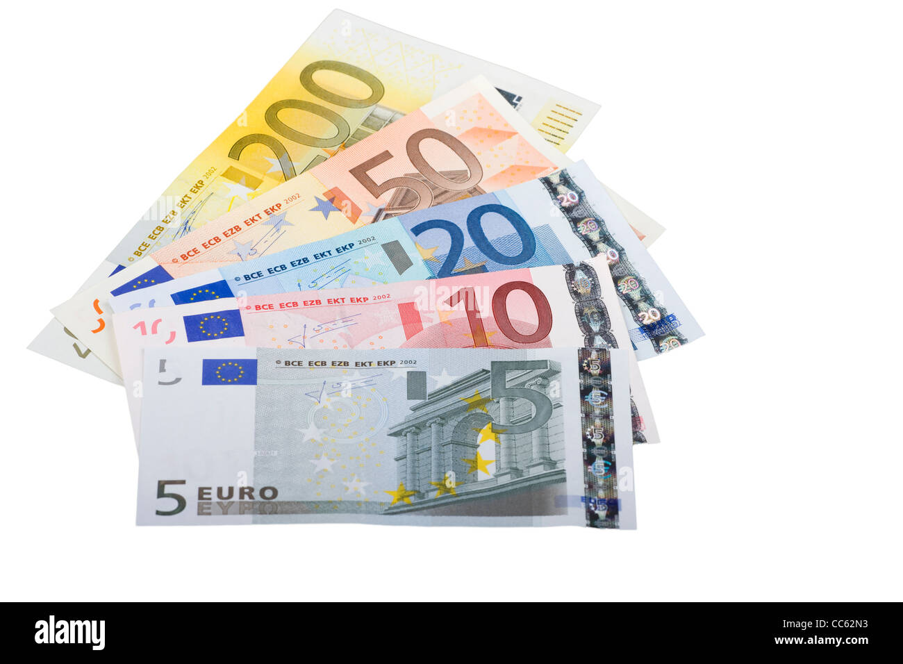 Euro-Banknoten verbreitet vor weißem Hintergrund Stockfoto