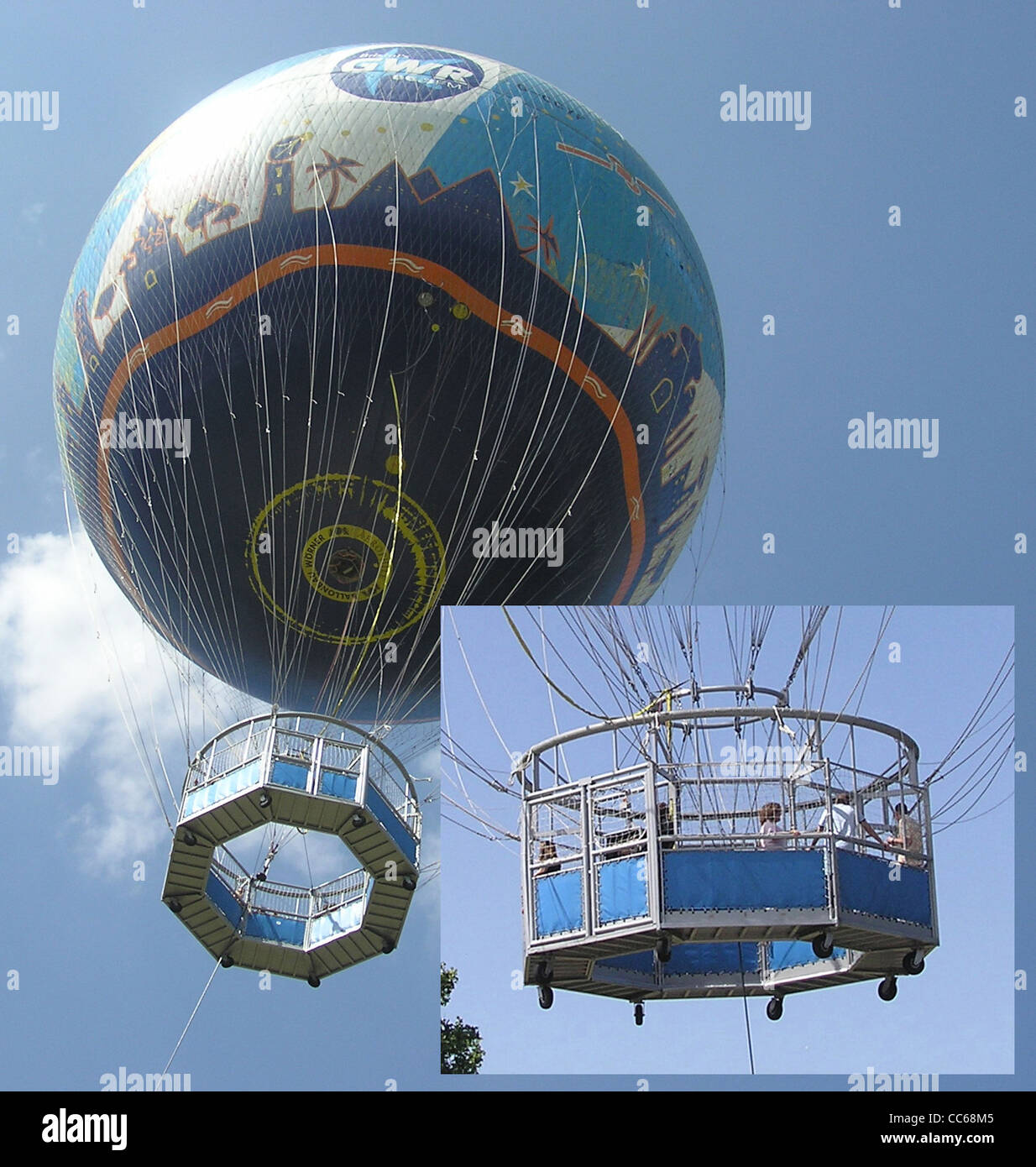 Ein statische Ballon bietet der Öffentlichkeit einen Blick auf die Stadt, am Schlosspark, Bristol, England. Stockfoto