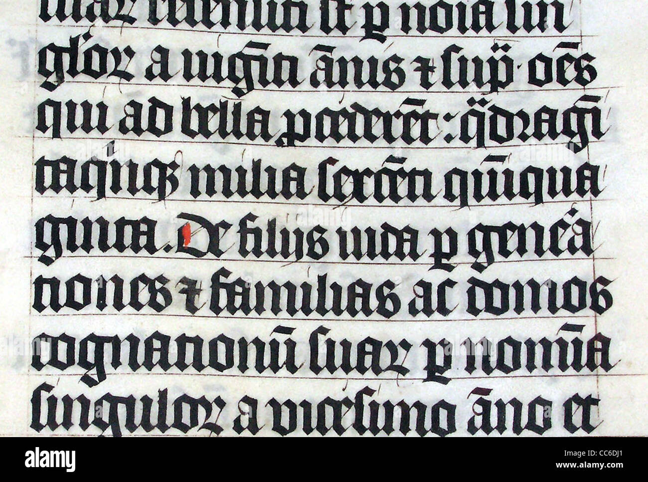 Kalligraphie in eine lateinische Bibel AD 1407 auf dem Display in Malmesbury Abbey Stockfoto
