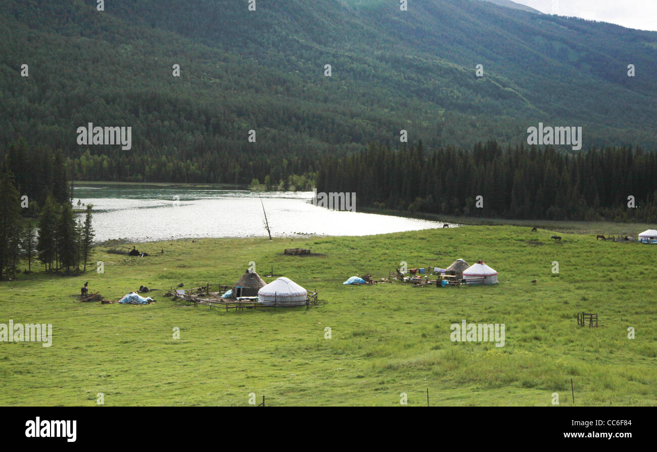 Jurte neben der Kanas-See, Altay Präfektur, Xinjiang, China Stockfoto