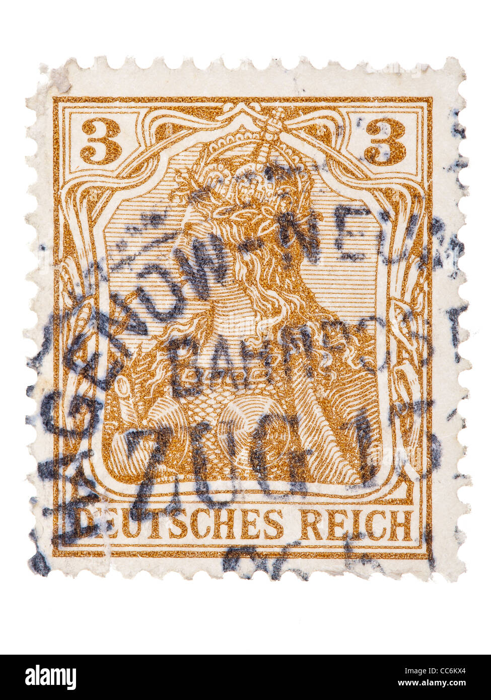 Briefmarke: Deutsches Reich, Germania, 1905, 3 Pfennig, gestempelt Stockfoto