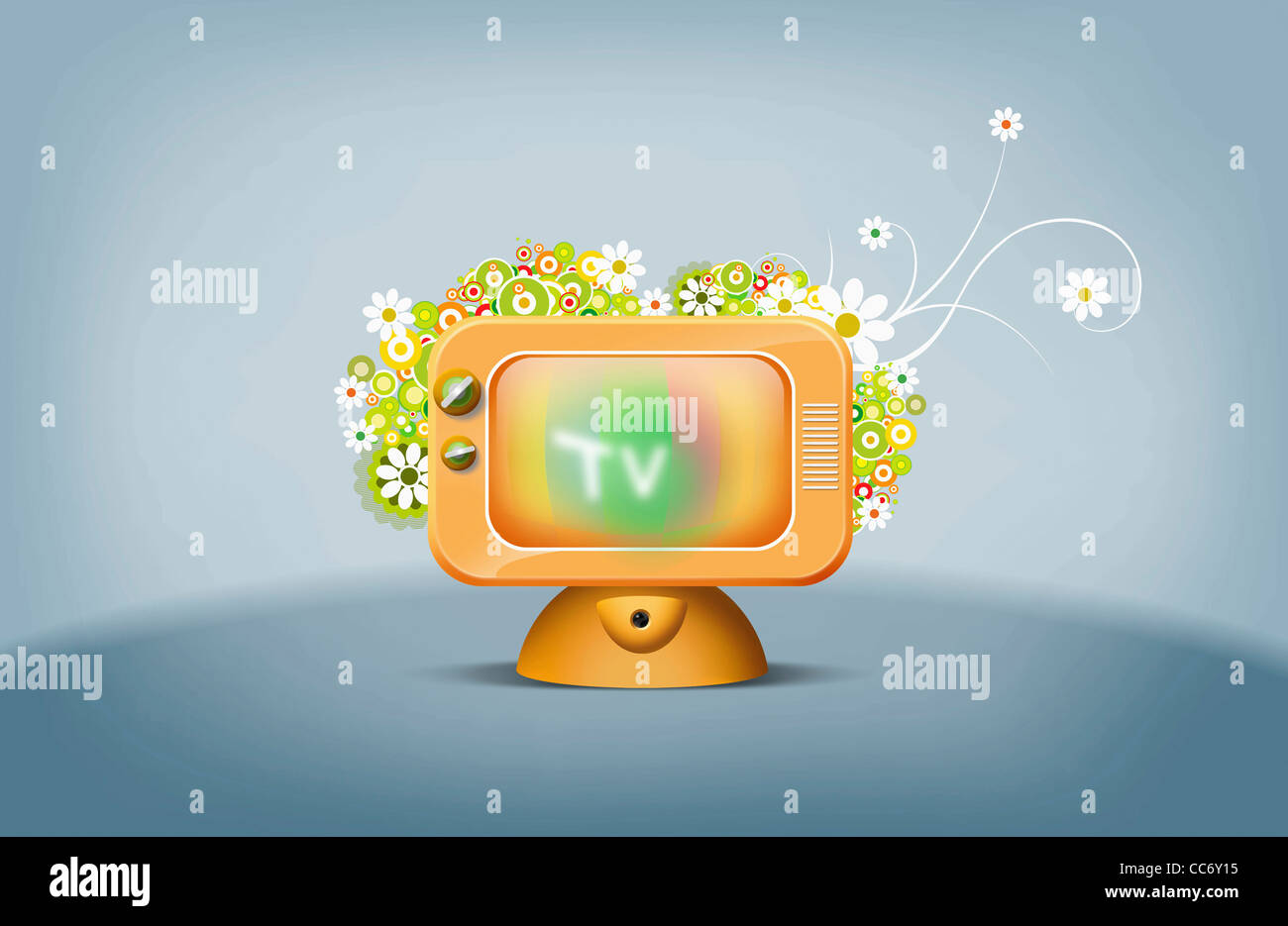 Die orange farbigen Fernsehen mit Blumen und grauem Hintergrund Stockfoto