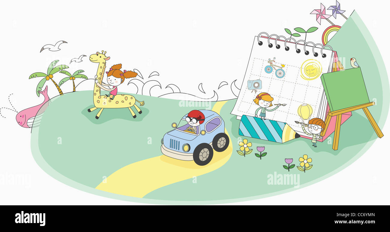 Kinder reiten auf Giraffe und Auto, und zeichnen von Bildern Stockfoto