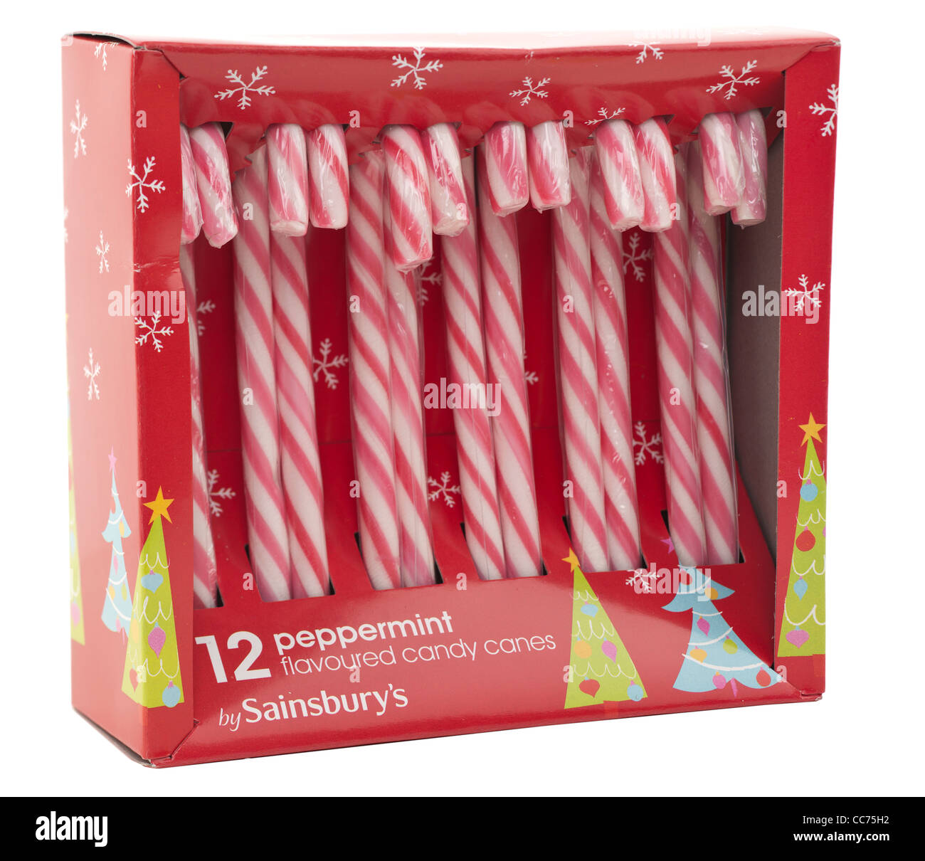 Schachtel mit 12 Pfefferminz aromatisiert Zuckerstangen von Sainsburys Stockfoto