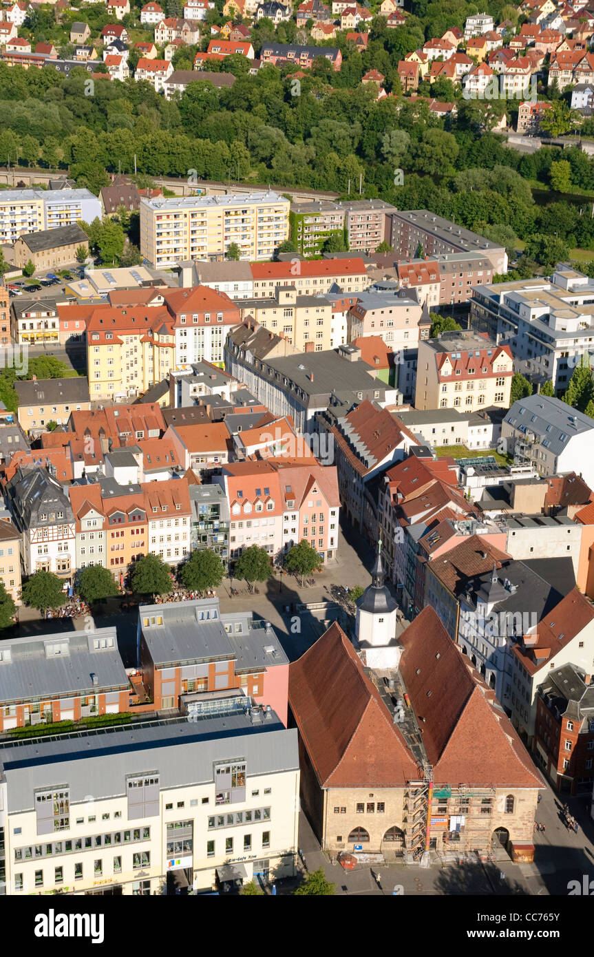 Blick von der Jentower Wolkenkratzer auf das Rathaus und den Marktplatz, Jena, Thüringen, Deutschland, Europa Stockfoto