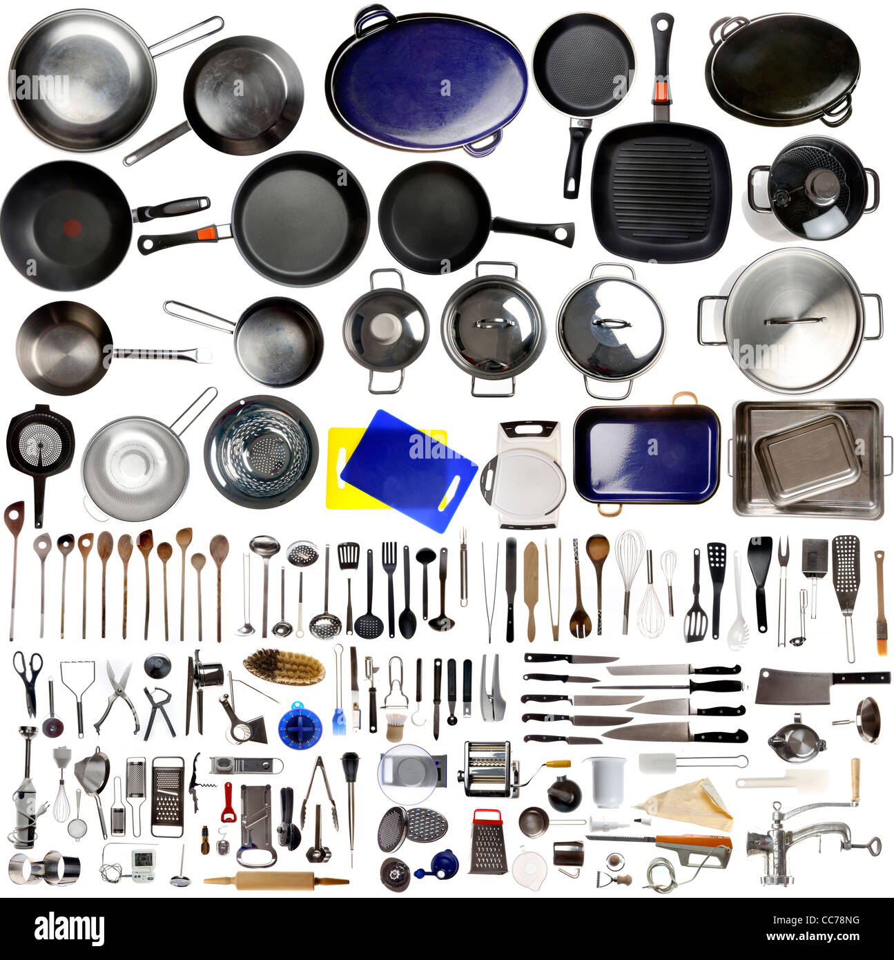 Zusammenstellung von verschiedenen Küchenutensilien, Küchenutensilien. Stockfoto