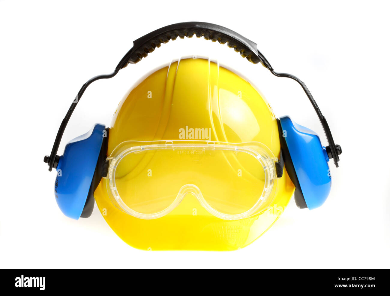 Schutzausrüstung für Arbeitnehmer. Schutzhelm, Schutzhelm, Schutzbrille, Gehörschutz. Stockfoto