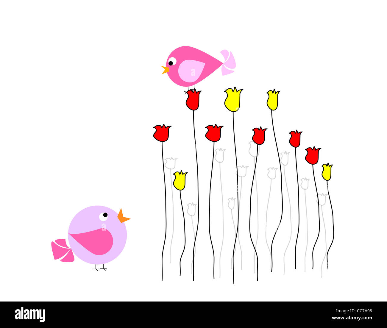 Zwei bunte Vögel sprechen auf Blumen miteinander Stockfoto