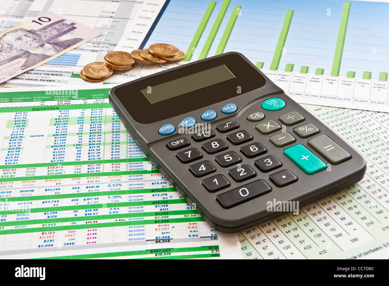 Rechner und Geld auf Business-Grafiken, Diagramme, Budgets und Tabellen Stockfoto