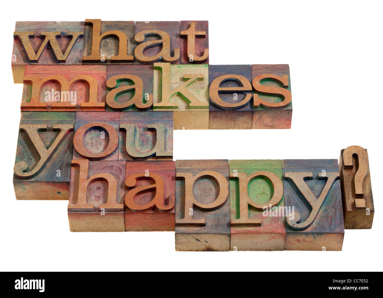 Was macht dich glücklich - eine Frage geschrieben in Vintage Holz Buchdruck Druckstöcken, isoliert auf weiss Stockfoto