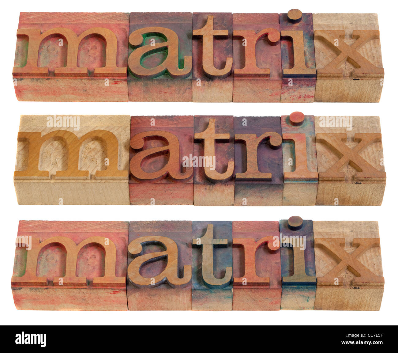 Matrix-Wort in Vintage Holz Buchdruck Druckstöcken, befleckt durch Farbe Tinten, isoliert auf weiss, drei layouts Stockfoto