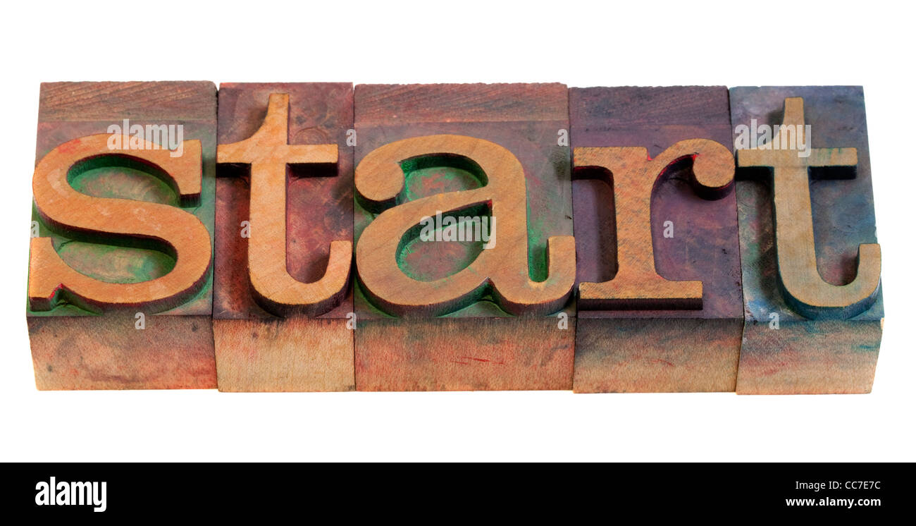 Start oder Anfang Konzept - Wort im Vintage Holz Buchdruck Druckstöcken buchstabiert Stockfoto