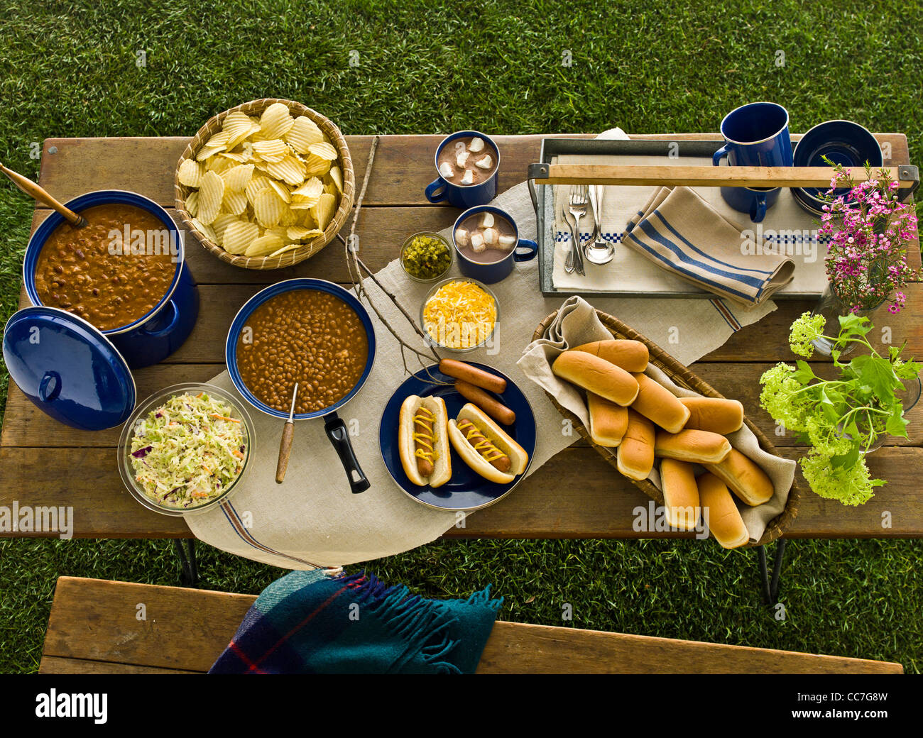 Picknick mit Bohnen, Würstchen und Pommes frites Stockfoto