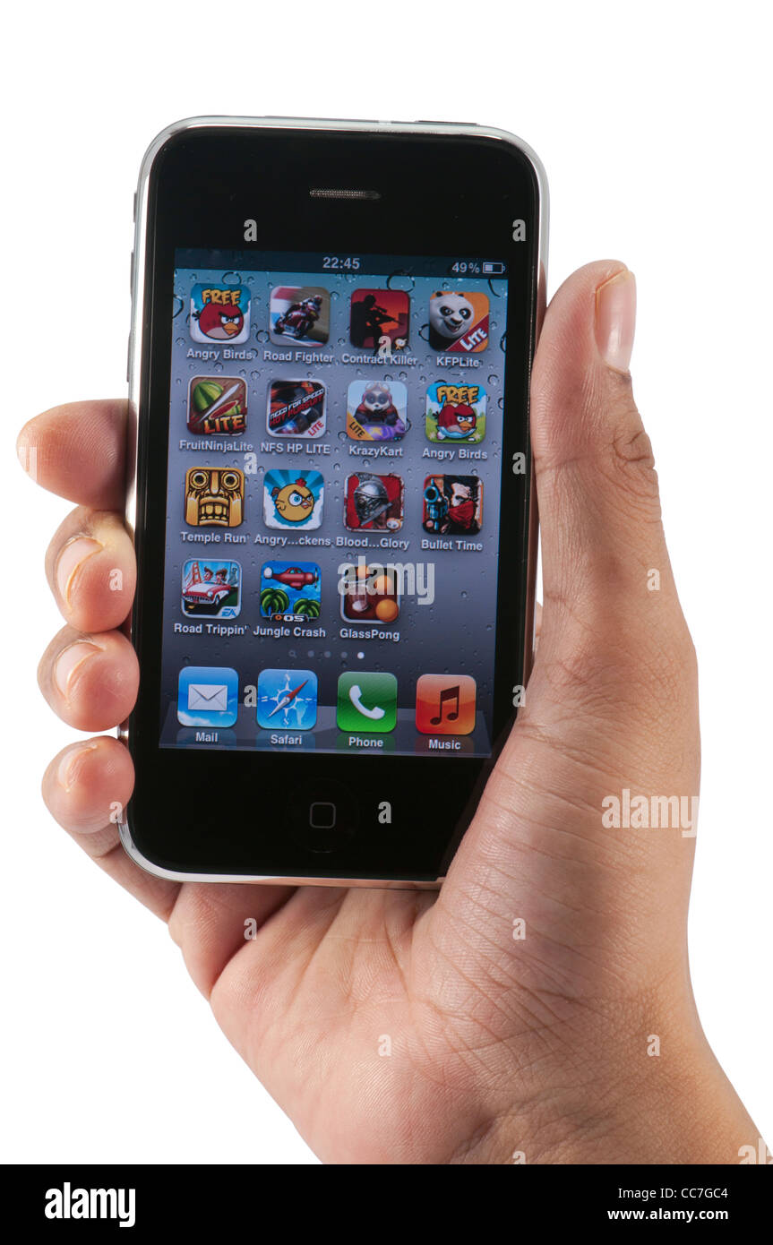 Spiele Icons auf Iphone-Menü, Ausschnitt auf weißem Hintergrund Stockfoto