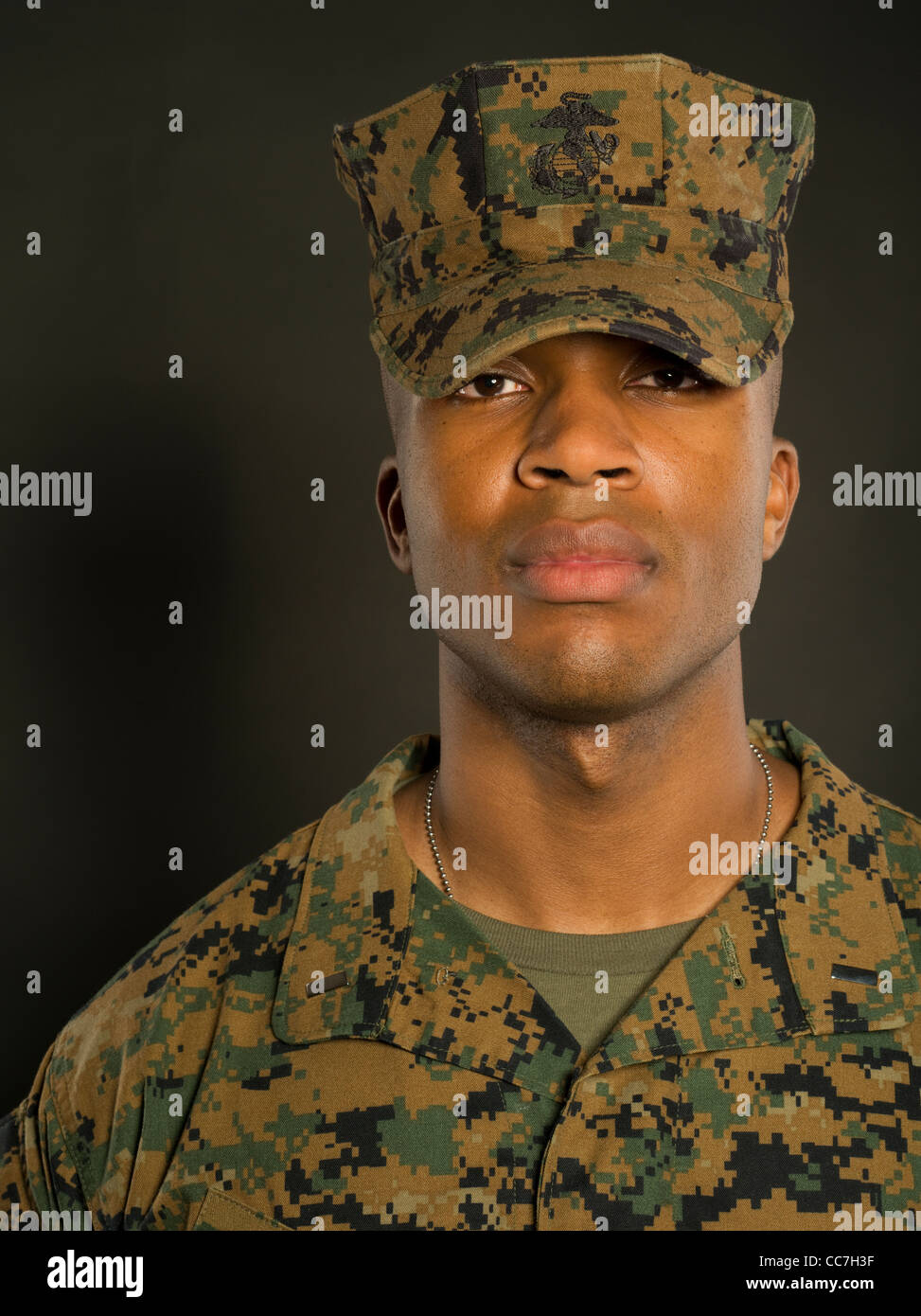United States Marine Corps Officer im Marine Corps Combat Utility Uniform MARPAT digitale Muster woodland Tarnmuster Stockfoto