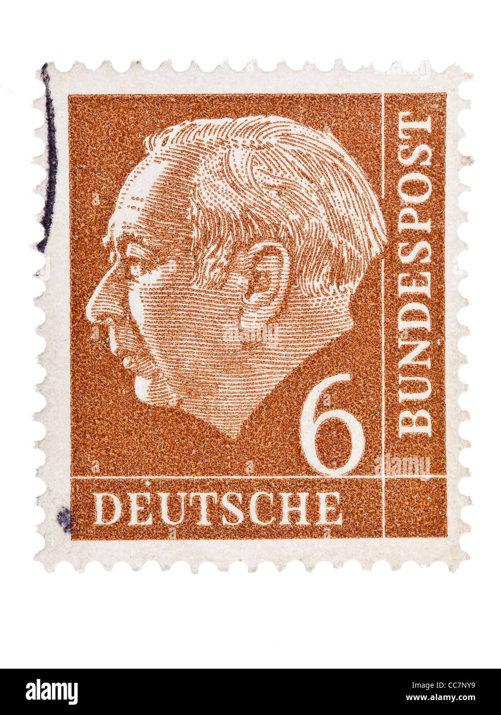 Briefmarke: Deutschland, 1954 / 1960, Bundespräsident Prof. Dr. Theodor Heuss, 6 Pfennig, gestempelt Stockfoto