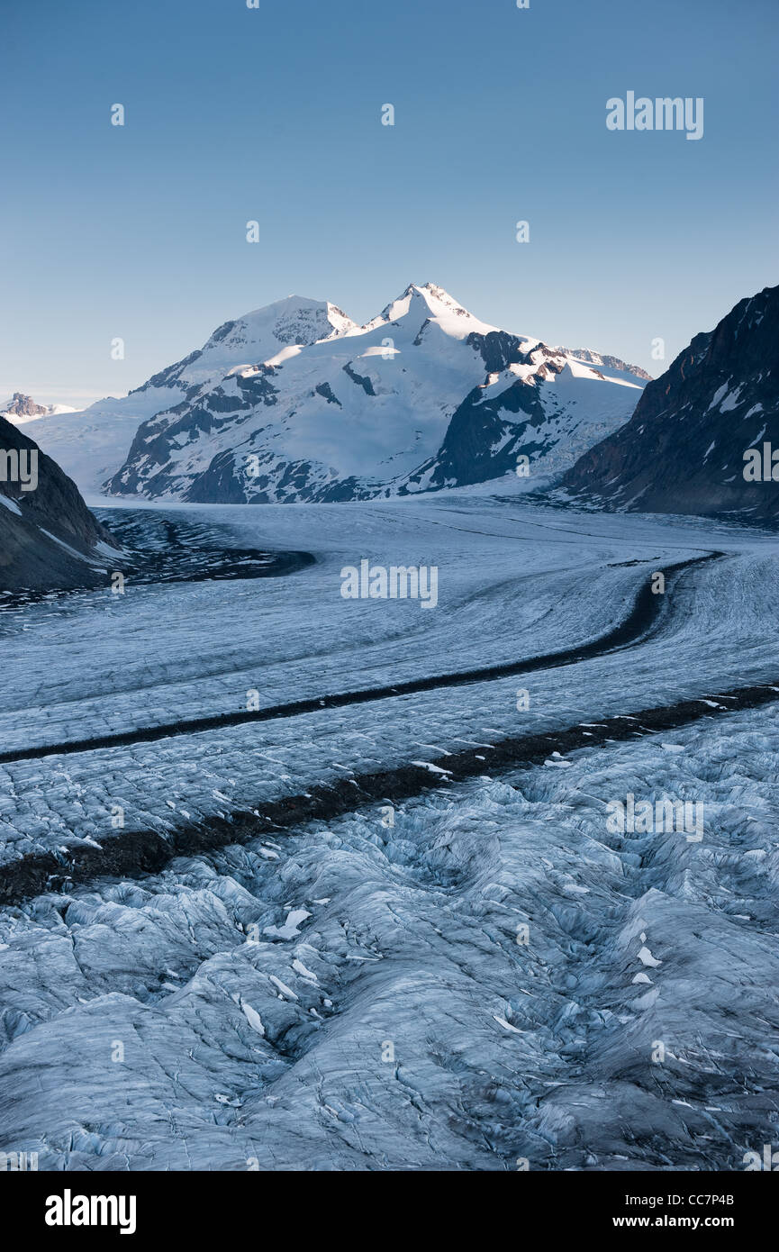 Aletschgletscher mit Moench im Hintergrund. Teil des UNESCO-Welterbes Jungfrau-Aletsch, Wallis, Schweiz. Stockfoto