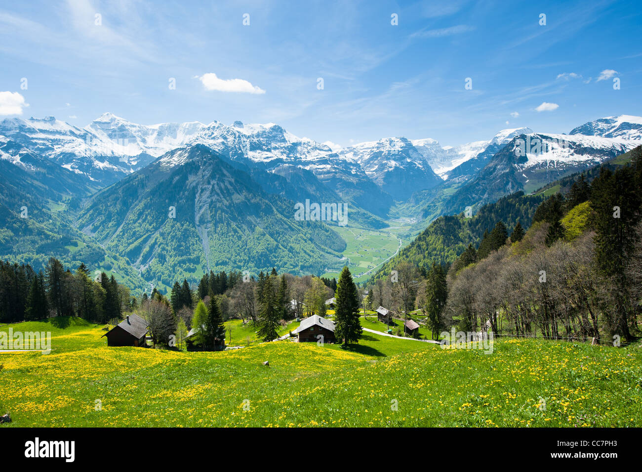 Panoramablick vom Braunwald im Frühjahr, Glarus, Schweiz Stockfoto