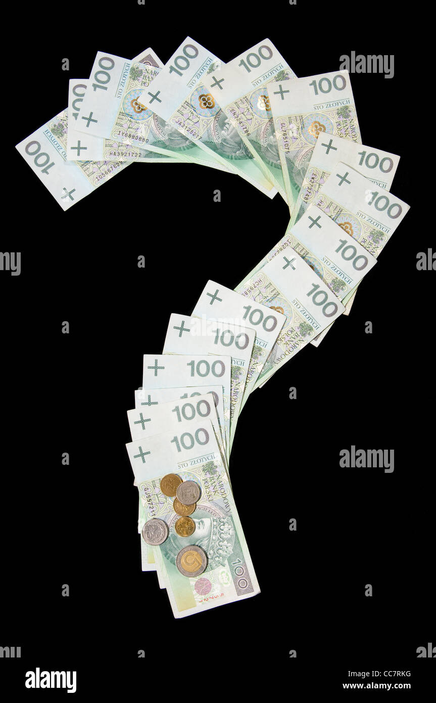 Polnischer Złoty-Banknoten in Fragezeichen-symbol Stockfoto
