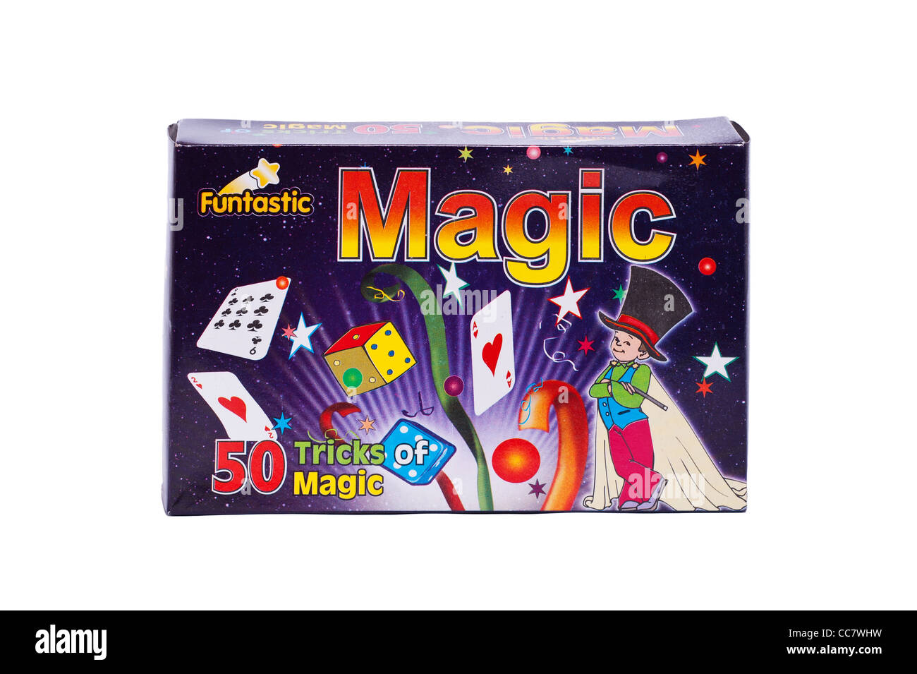 Eine Schachtel mit 50 Zaubertricks auf weißem Hintergrund Stockfoto
