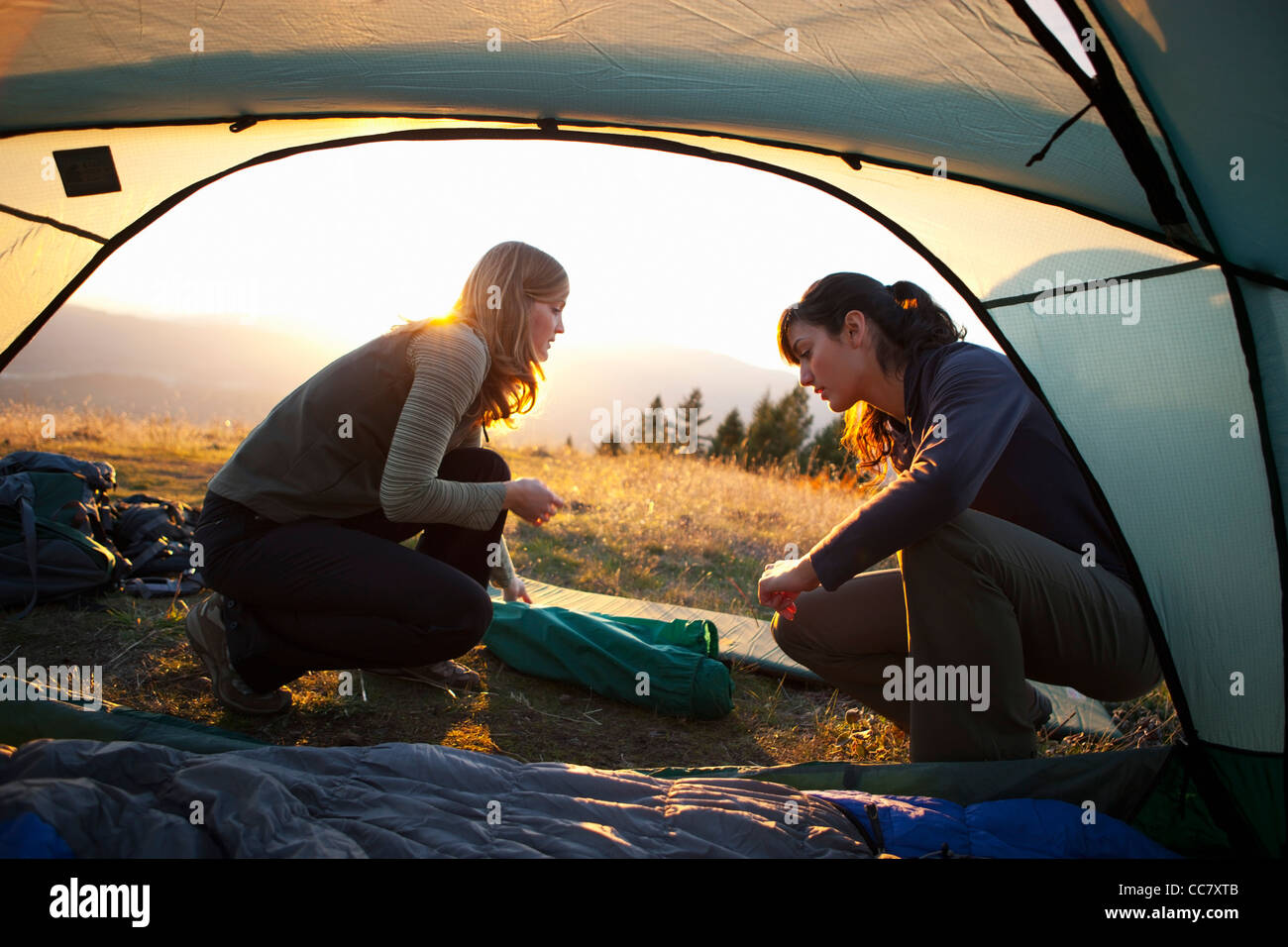 Frauen, die Einrichtung von Camp in der Nähe von Mt Hood, Oregon, USA Stockfoto