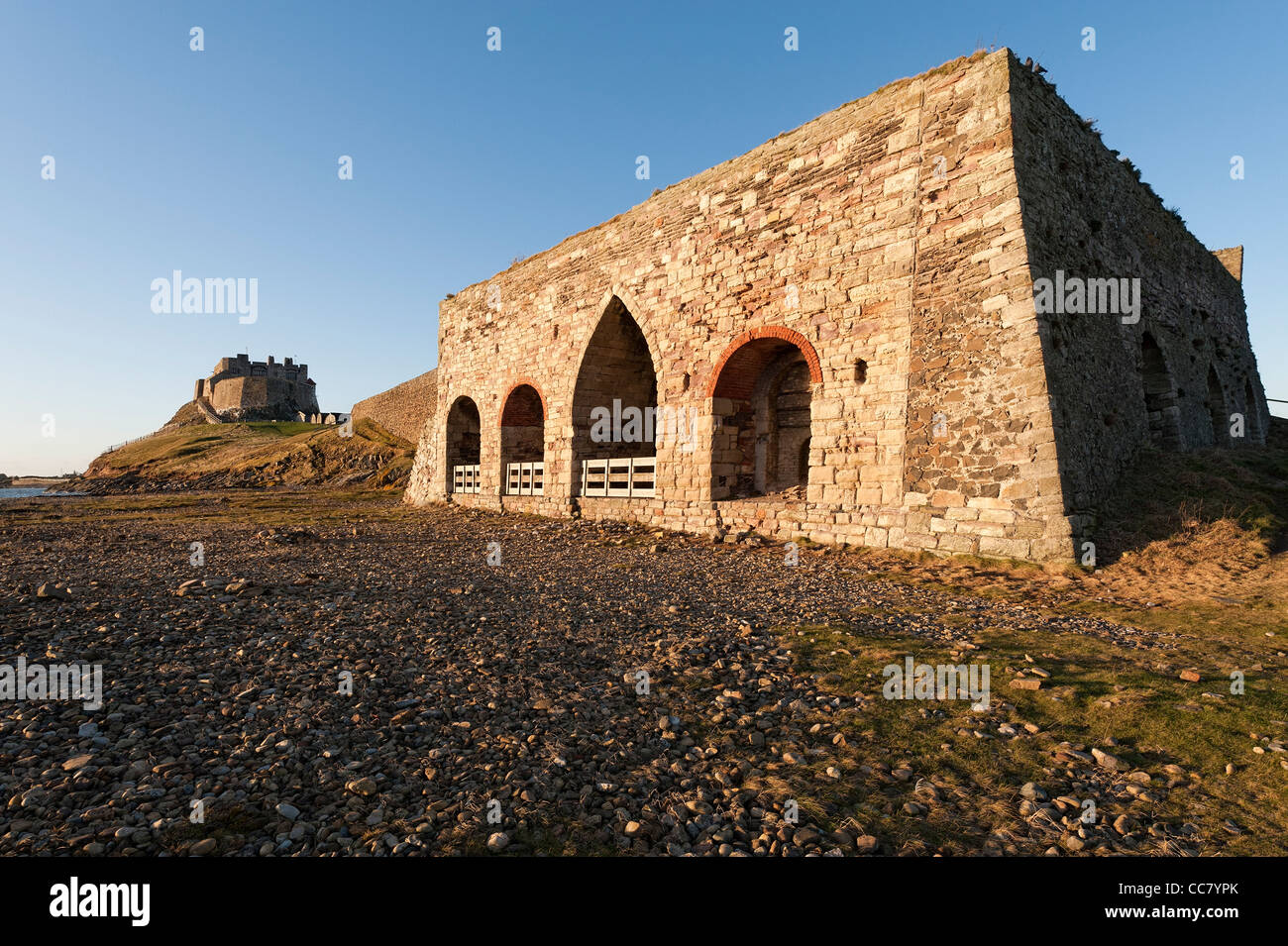 Kalkofen und Lindisfarne Castle Stockfoto