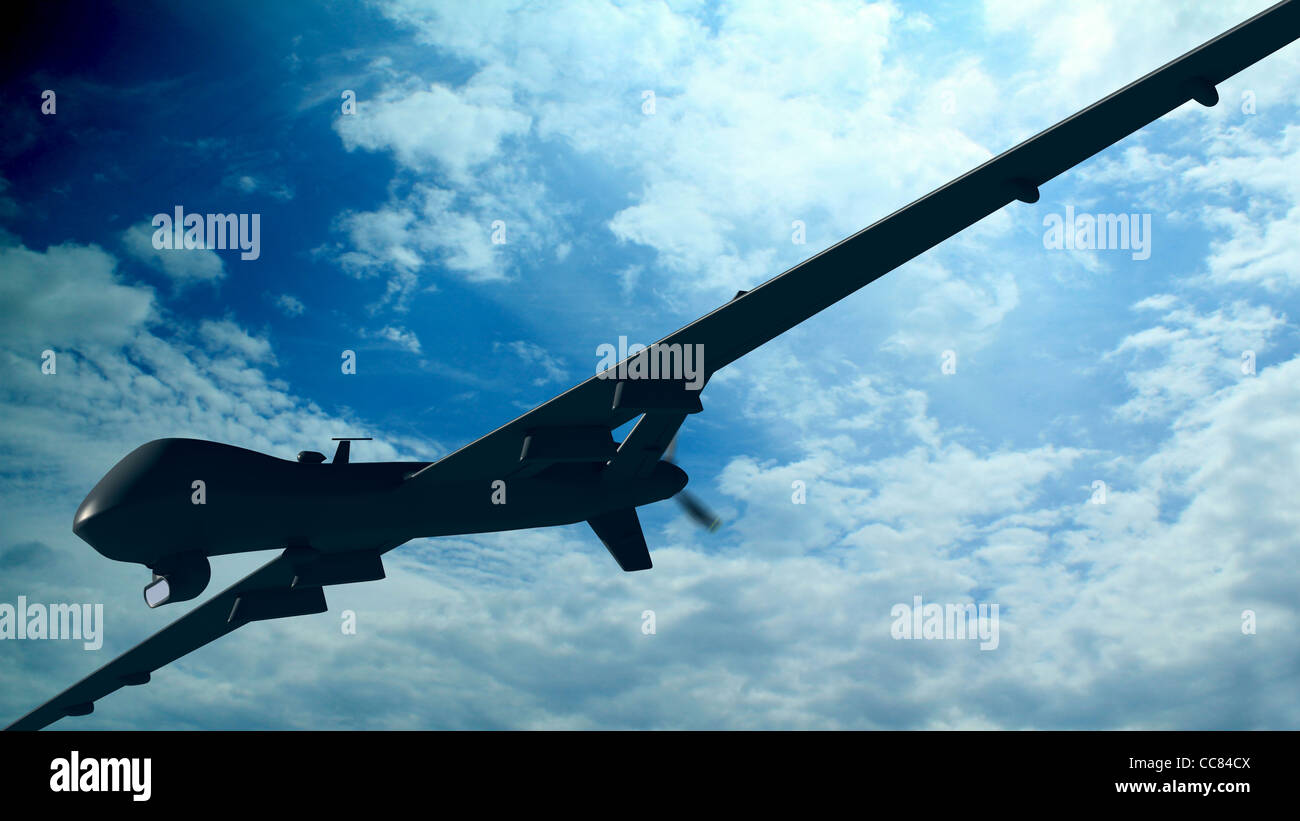 Spion Flugzeug MQ-9 Reaper über bewölktem Himmel Stockfoto