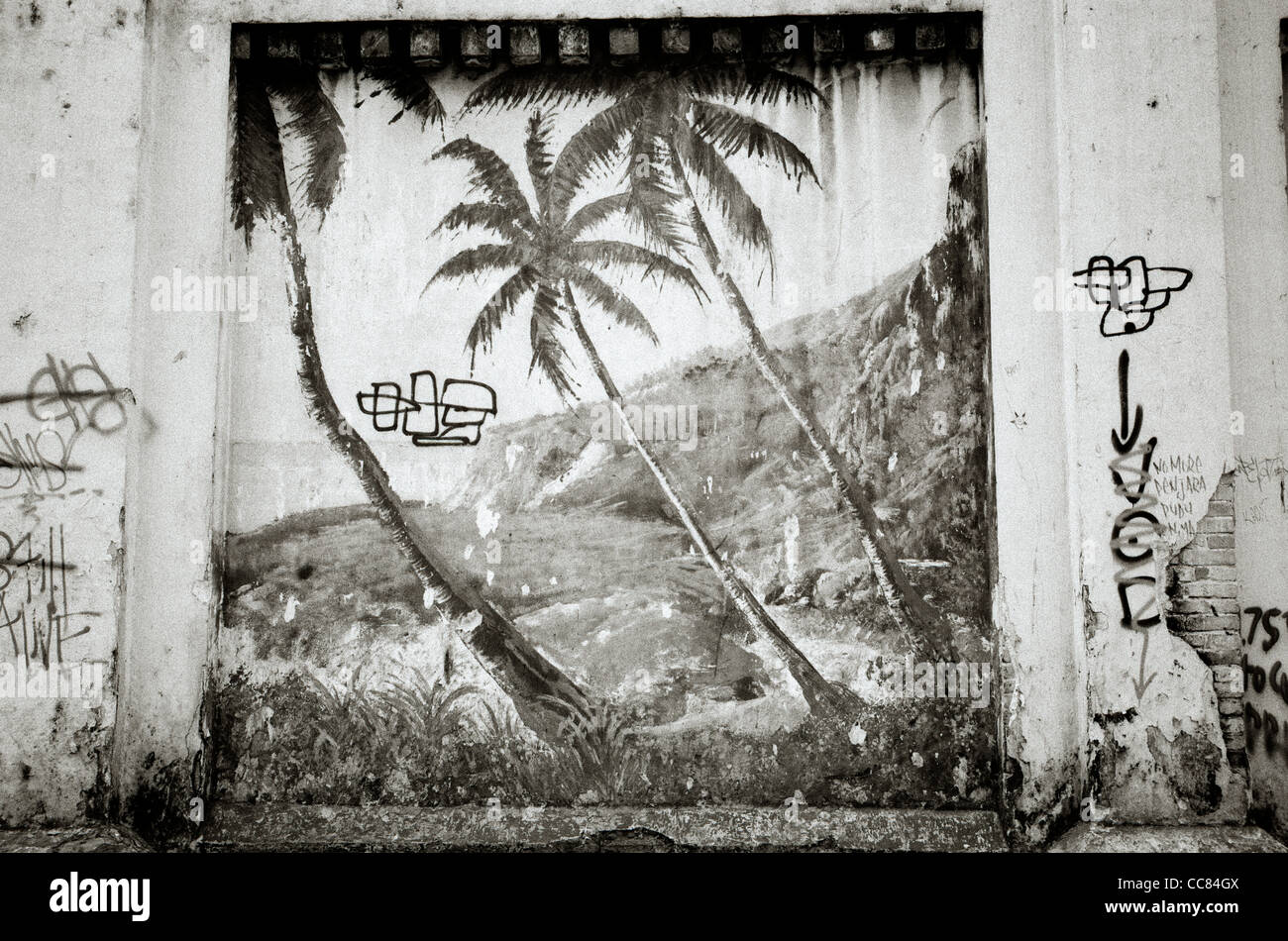 Graffiti Streetart auf dem Pudu Gefängnisgebäude in Kuala Lumpur in Malaysia in Fernost Südostasien. Urbane Kultur Geschichte Reisen Stockfoto