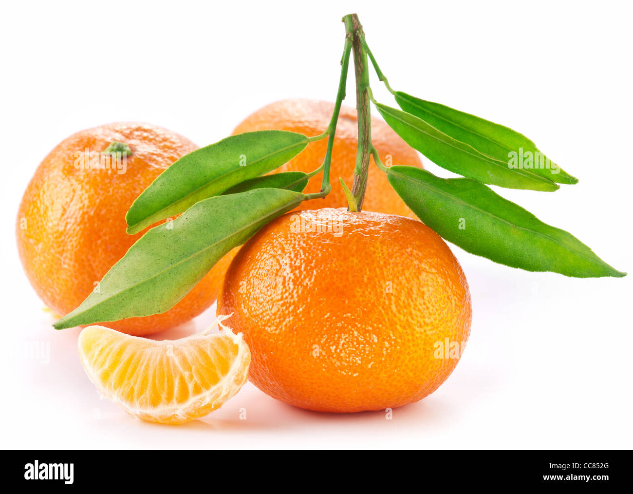 Mandarinen mit Blättern auf weißem Hintergrund. Stockfoto