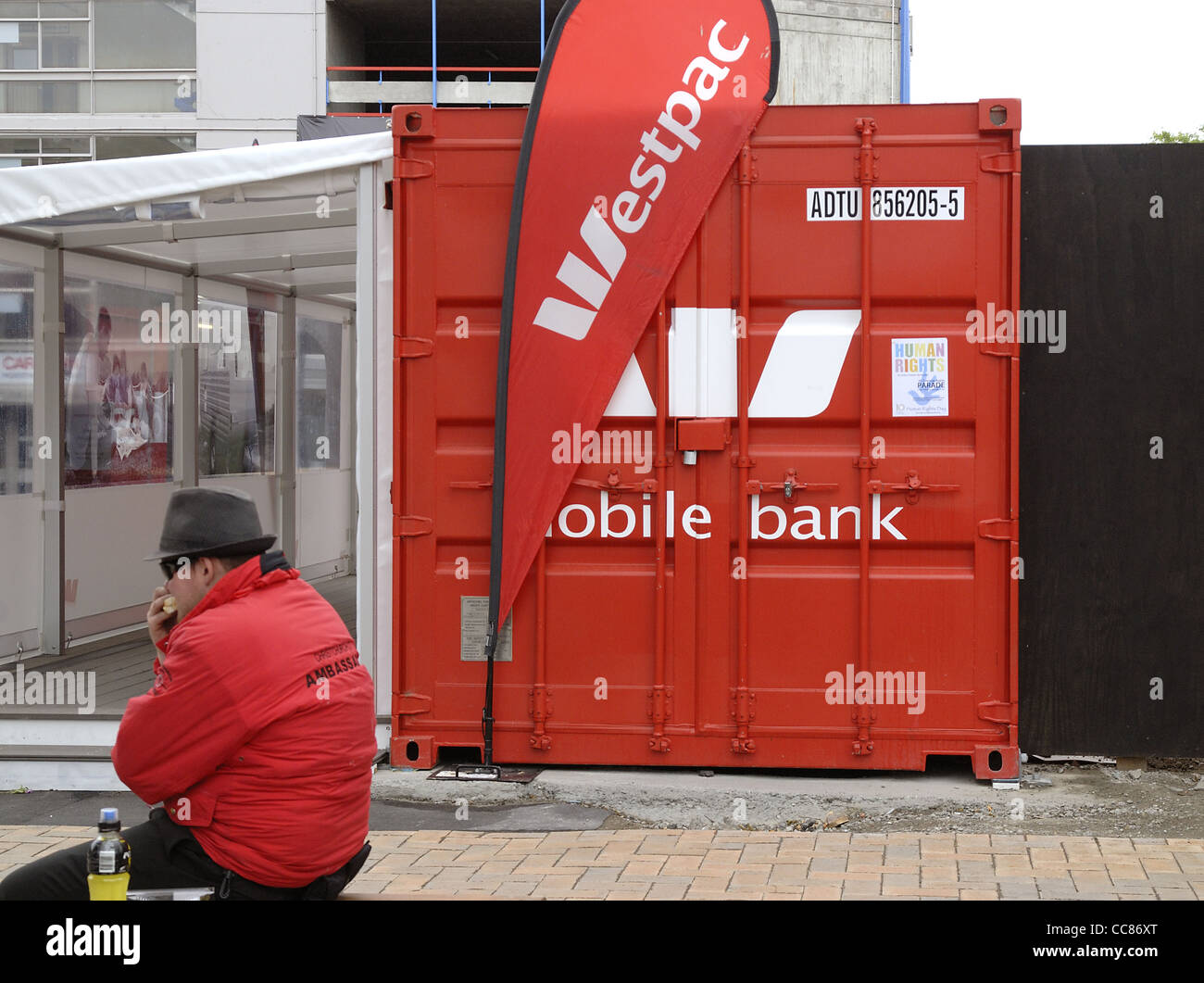Temporäre mobile Bank in Christchurch, Neuseeland Stockfoto