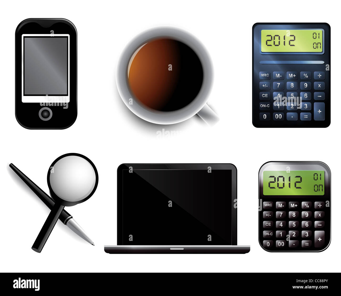 Set von Business Icons einschließlich Stift mobile Laptop Lupe Rechner und Tasse Tee. Stockfoto