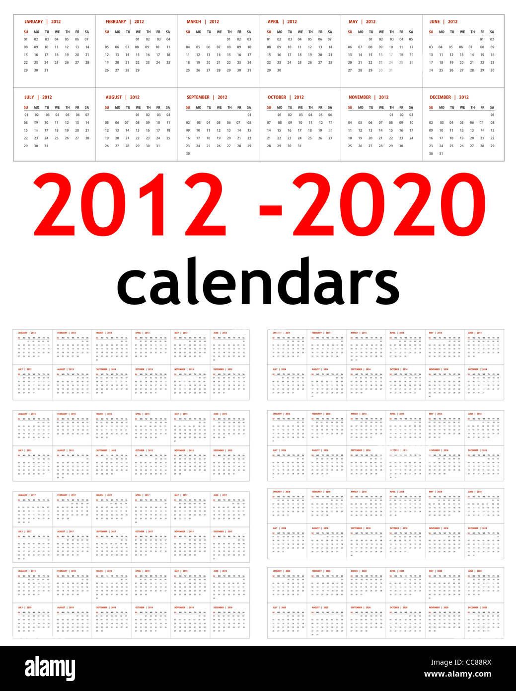 Neujahr 2012, 2013, 2014, 2015, 2016, 2017, 2018, 2019, 2020 Kalender Stockfoto